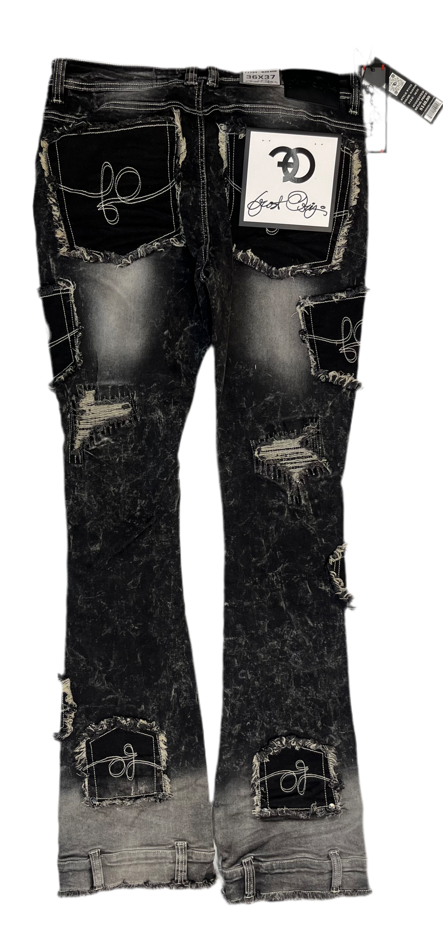 Black Distressed Denim Jeans with Unique Patchwork