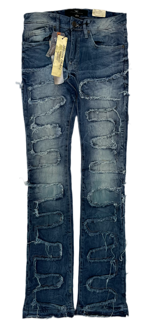 Distressed Blue Denim Jeans with Unique Cut-Out Style