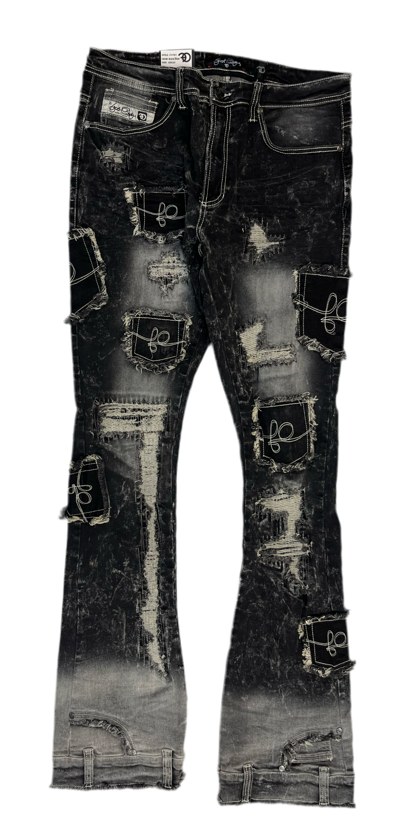 Black Distressed Denim Jeans with Unique Patchwork